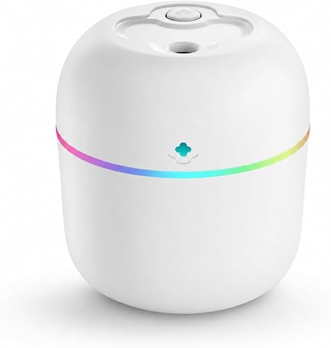 Mini Ultrasonic Humidifier with RGB Light Ring, White - 220ml | Aromatherapy Diffuser, Compact Design, Colour-Changing LED, USB Powered, Desktop Use