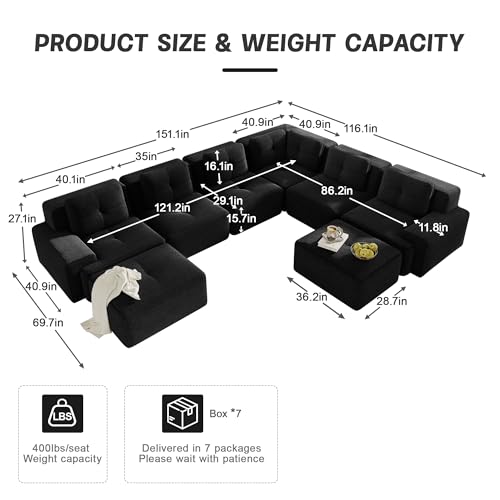 Image of 151.1 inch Large Modular Sectional Sofa for Living Room, 6-Seater V-Shaped Boneless Corner Sofa, Comfy Cloud Couch with 2 Movable Ottomans, Corduroy Design for Family Space, No Assembly, Black
