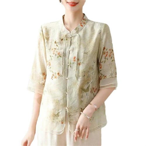 T-shirt en mousseline de soie style chinois avec broderie et ceinture à pompon