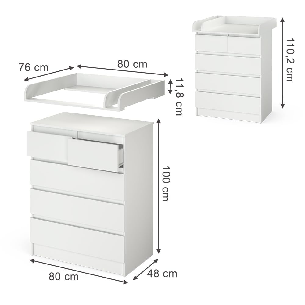Vicco Fasciatoio Emma Bianco 80 x 110.2 cm z 5 szufladami, konwertowalny na komodę tradycyjną