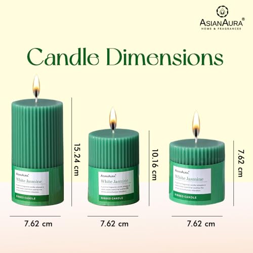 Image of ASIAN AURA Ribbed Pillar Candles - Pack of 3 | Scented Candles for Home Decor, Gifting & Festive Use | Long Burn time up to 36hrs | Clean-Burning Wax & Smokeless Flame (White Jasmine)
