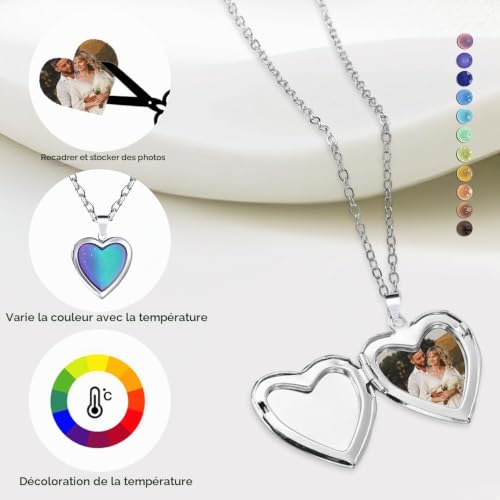 HMCEY Collier Changement de Couleur,Coeur Femme Colliers Qui Changede Couleur,Médaillon Photo Collier Humeur Enfant,Collie Pendentif Photo,Température Colliers émotions Sentiment pour Cadeaux – vue 4