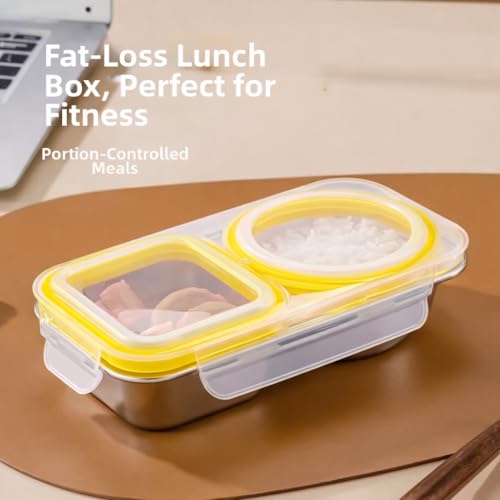 Image of Motka Stainless Steel Bento Lunch Box with 2 Compartment | 460 ml Leakproof Lid, Portion Control Meal Box | BPA Free Food Storage Container | Dishwasher, Freezer Safe | Office School Travel - Yellow