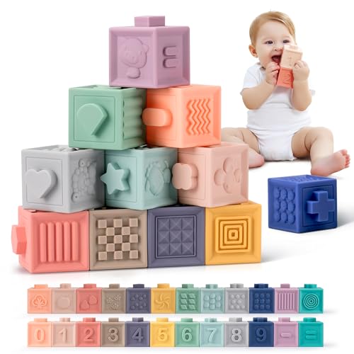 Bloques de construcción para bebés Anillos apilables Juguetes de baño para bebés Bloques Suaves para apretar Juega con 12 Piezas Juego de Animales y números para niños pequeños de niños niñas