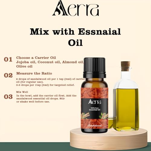 Image of Aerra Sandalwood Essential Oil 15ml | Diffuser 100% pure steam-distilled. Triple-tested purity. Amber glass + dropper. Soft floral aroma. Diffuser, aroma lamp, skin & hair. Potpourri. Vegan. Daily use.