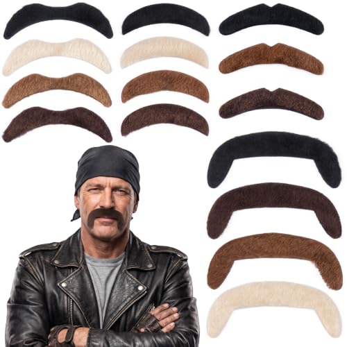 M MISS U HAIR 15 Pack Self-Adhesive Fake Mustaches, 4 Colors and 4 Sizes
