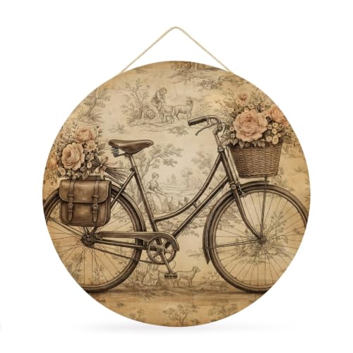 Vintage Bicycle Welcome Sign for Front Door 12 in Retro Flower Basket Pannier Bag Rural Scene Round Metal Sign Wall Hanging Sign for Indoor Outdoor Farm Home Porch Wall Decor Housewarming Gift