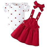 Asmea Baby Kleidung Mädchen 0-3 Monate Sommer Neugeborene Babykleidung 3tlg Herzen Kurzarm Baby Strampler Hosenträgerrock Haarband Set Baby Outfit Mädchen Geschenk für Shooting Taufe Geburtstag Rot