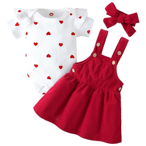 Asmea Baby Kleidung Mädchen 0-3 Monate Sommer Neugeborene Babykleidung 3tlg Herzen Kurzarm Baby Strampler Hosenträgerrock Haarband Set Baby Outfit Mädchen Geschenk für Shooting Taufe Geburtstag Rot