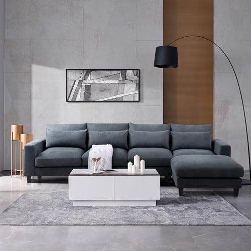 ERYE 124.4" Queen Modular Sectional Sofa W/Down Feather Filled & Reversible Lounge Chaise, L-Shaped Corner Sofa&Couch with Movable Ottoman for Home Apartment,Hotel Living Room Furniture Sets, Grey