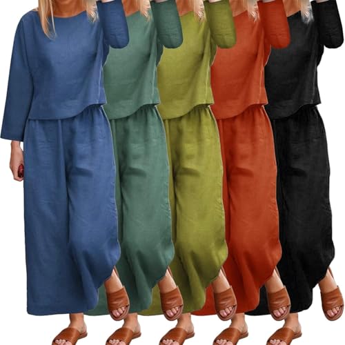 House Suit Women Cotton Linen Elegant Clothing Set Women Two-piece Suit Long-sleeved Tops and Pants (Dark green, M), Dark green, M