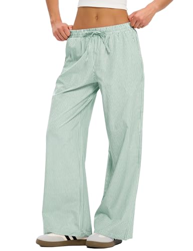 LOMON Pajama Pants Women Spring Summer 2026 Striped Clothes Wide Leg Pj Lounge Boxer Bottoms Palazzo Flowy Comfy Low Rise Trousers (Green Strips, L)