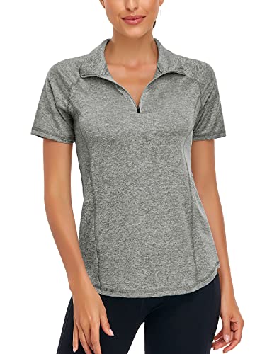 Luranee Short Sleeve Running Shirts Women, Summer Quick Dry Yoga Half Zip Pullover Relaxed Trendy Breathable Workout Training Tops Basic Cooling Flattering Sport Athleisure T Shirts Drak Grey 2Xl #TOP1