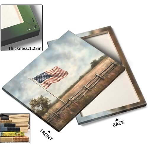 Image of Memorial Day Canvas Wall Art, Rustic American Flag in Countryside Field Poster, Patriotic Landscape Print, Vintage USA Flag Framed Artwork for Veterans and Independence Day Decor 8x10inch