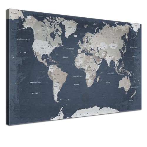 Stilvolle Pinnwand Weltkarte - Granit Gipfel - Deutsch in 120 x 80 cm, stabile Rückwand zum Pinnen inkl. Starterkit - Leinwand-Kunstdruck Wandbild Landkarte XXL