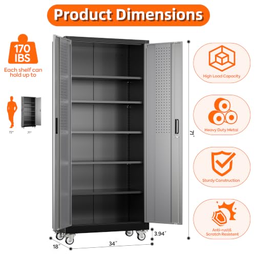Image of Aobabo Metal Garage Cabinet with Wheels, 34 inch W x 18 inch D x 71 inch H,Gray