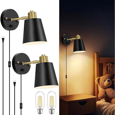 Lomoky Plug in Wall Sconces Set of 2, Dimmable Wall Lights with Plug in Cord and Dimmer On/Off Knob Switch, Adjustable Angle Black Wall Mounted Lamp for Bedside Bedroom Living Room (2 Bulbs Included) Cover