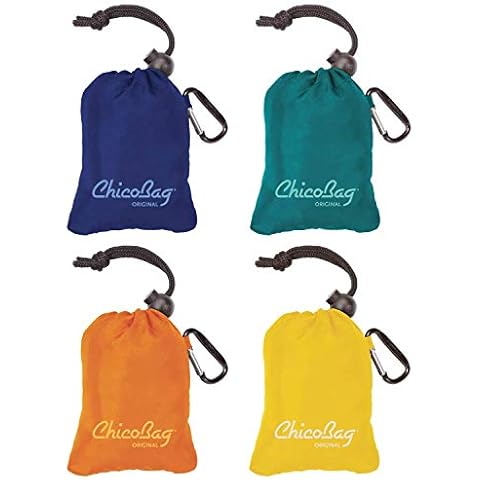 ChicoBag Original Compact Reusable Grocery Bag w/Attached Pouch and Carabiner Clip | Eco-Conscious Packable Tote | Variety 4pk - Mazarine, Aqua, Orange Peel, & Yellow (Pack of 4) Cover