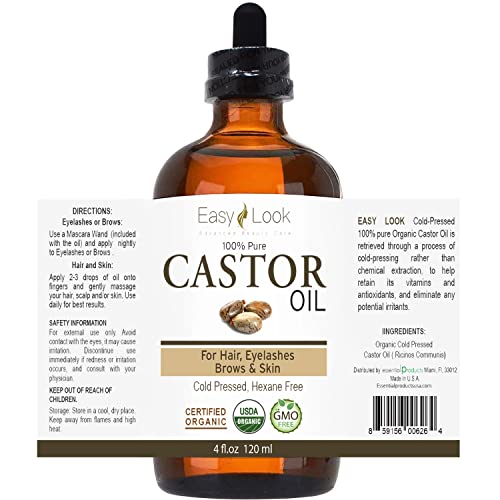 Easy Look Castor Oil 4Oz, Usda Certified Organic 100% Pure, Stimulate Growth For Eyelashes, Eyebrows, Hair. Skin Moisturizer & Hair Treatment Starter Kit #TOP4