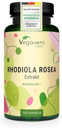 Rhodiola Rosea Forte Vegavero | Estratto Premium di Marca Rhodiolife | 3% Rosavine e 1% Salidroside | Buon Umore, Concentrazione e Stanchezza | Testato in Laboratorio | 120 capsule | Vegan