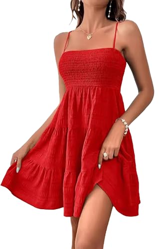Image of HVEPUO Women Spaghetti Strap Sleeveless Smock Cami Mini Dress Summer Vacation Flowy Boho A Line Swing Short Dresses for Women