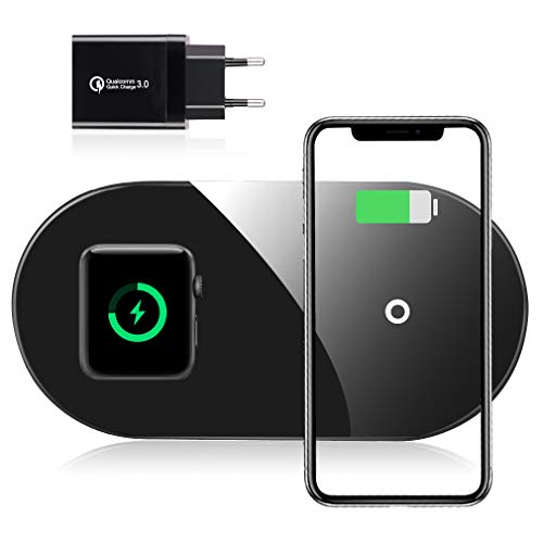 Te-Rich Wireless Charger für iPhone und Apple Watch, AirPods Ladepad mit QC 3.0 Adapter, 7.5W Qi Ladestation für iPhone 11/X/XS/XR/8, 10W Induktions Ladegerät für Galaxy S10/S9/Note10 und mehr