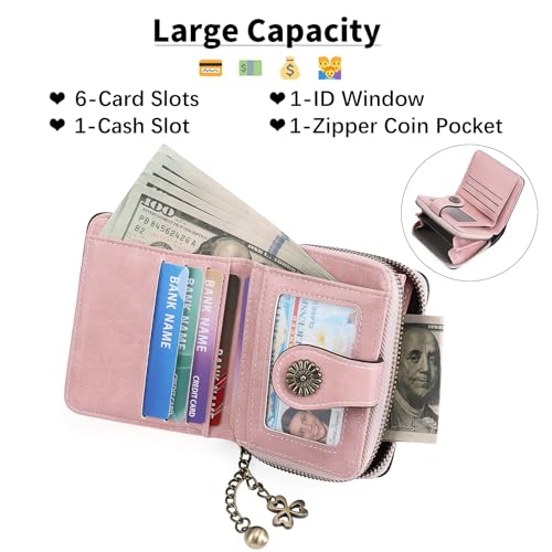 Image of Small Wallet for Women Leather Bifold Compact RFID Blocking with Zipper Coin Pocket