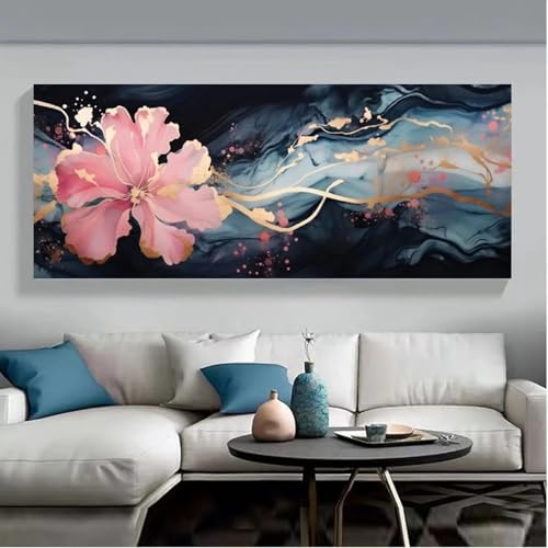 Tableau moderne sur toile fleurs dorées et marbre 45x135 cm pour décoration salon