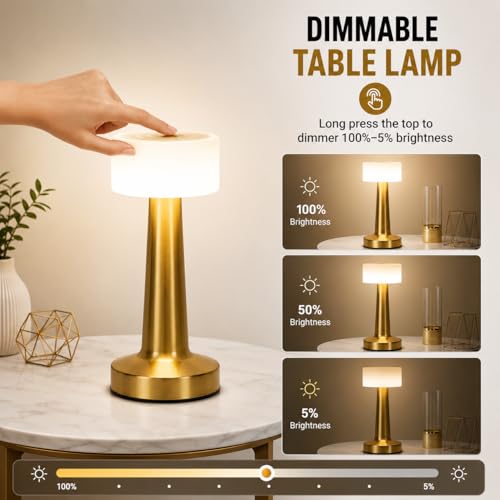 Image of One94Store Table Lamp Type-C Charging 1500mAh Battery,3 Color Dimmable Touch Control Lamp,Lamps for Home Decor and Bedroom, Living Room, Restaurant,Outdoor Use (Retro Metal - Gold)