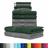 BaSaTex 10er Pack Handtuch Set - Frottee Handtücher mit Aufhängeschlaufe - 4X Handtuch, 2X Duschtuch, 2X Gästetuch, 2X Waschhandschuh - Öko-Tex Made in Green Zertifiziert - Anthrazit Dunkelgrün