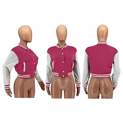 Image of Mintsnow Womens Varsity Jacket Open Front Long Sleeve Cropped Baseball Coat Casual Button Up Bomber Jackets Rose Red M