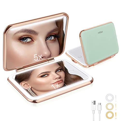 Omobolanle Makeup Mirror,5X Magnifying Mirror With Lights,Double Sided Handheld Mirror With Auto-Off Light,Rechargeable Portable Folding Travel Led Vanity Mirror,Gift For Mother Green #TOP8