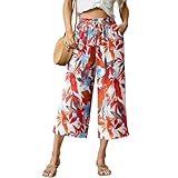 FREEOAK Printed Women’s High Waist Vacation Flowy Capris Palazzo Pants with Pockets Wide Leg Casual Cropped Holiday Pants Size Small
