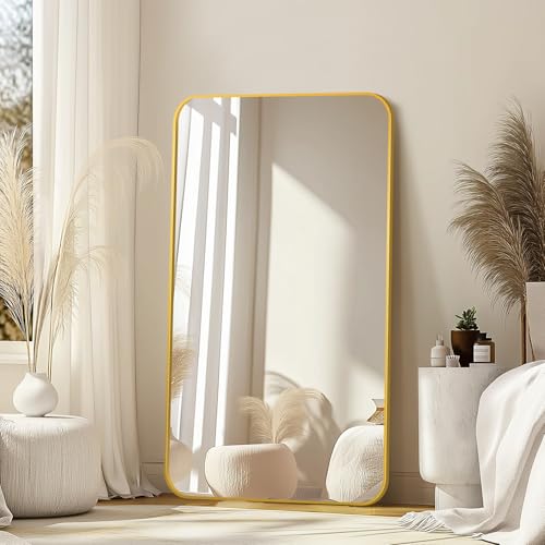 Image of Delma Bathroom Vanity Mirror, Gold Framed Mirror for Over Sink, 50x30 | HD glass, distortion-free for makeup and grooming, Sturdy frame, all mounting hardware, hangs horizontal or vertical