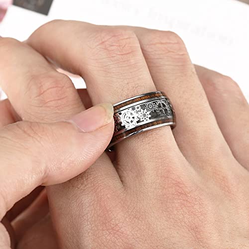 Image of 10mm Silver /Black Tungsten Rings for Men Steampunk Gear Inlay Size 7-14 | Koa Wood, Black Carbon Fiber, Dome Band Ring, for Wedding, Anniversary, Everyday Wear, Comfort Fit
