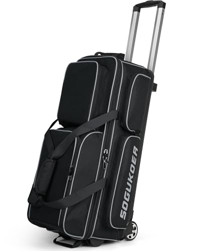 SOGUKOER 3 Ball Bowling Bags with Wheels Premium Bowling Bags 3 Ball Roller - 900D Reinforced Oxford Bowling Ball Bag with Large Separate Shoe Compartment & Accessory Pocket