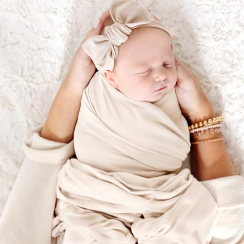 Image of GRSSDER Newborn Swaddle Blanket, Ultra Soft Jersey Receiving Blanket with Matching Headband and Beanie Set, 47x47 inch Extra Large Nursery Swaddle Wrap for Girls and Boys