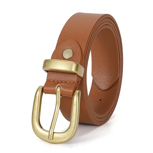 Image of VONMELLI Women Casual Leather Belt Fashion Ladies Waist Belt for Jeans Pants Dress Belt with Gold Buckle Brown M