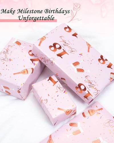 Vinuwu 6 Sheets 18th Birthday Wrapping Paper, 70x50cm Rose Gold Pink Happy Birthday Gift Wrap Paper for Girls Ladies,Decorations - Plastic Free & Recyclable - 18th - Image 4