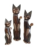 Large Hand Carved Wooden Stunning Cat Statue Set of 3 Family Cat Kitty Home Decor Gift