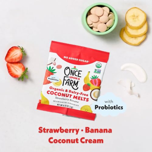 Image of Once Upon a Farm Organic Coconut Melts, Strawberry, 30 Ct, Dairy Free | Once Upon A Farm Organic Coconut Melts with Probiotics, Strawberry Banana, Dairy Free, Non GMO, .25 oz, 30ct