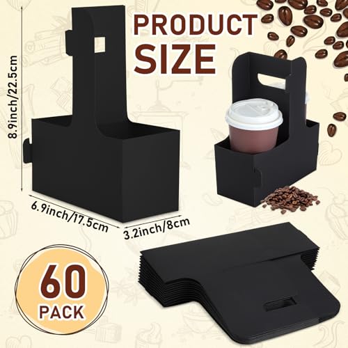Kosiz 60 Pcs 2 Cup Drink Carrier with Handle 6.9 x 3.2 x 8.9 Inch Coffee Holder Paperboard Drink Carrier for Hot and Cold Beverage Takeout Cafe and Restaurant Wedding Food Delivery(Black) - Thumbnail 2