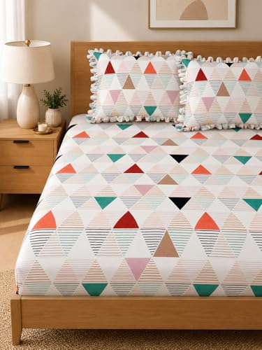 Image of 380 TC Premium Glace Cotton Elastic Fitted Bedsheet King Size with 2 Pillow Covers King Size | Double Bed with All Around Elastic (White Trangle, Fitted Queen-60x78)