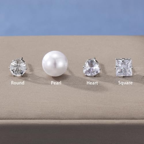 KISS WIFE Silver Stud Earrings Set for Women, Round Square Triangle Teardrop Shapes Pearl Clear Cubic Zirconia Stones Earring Packs Fashion Jewelry for Daily Wear Party Gift4