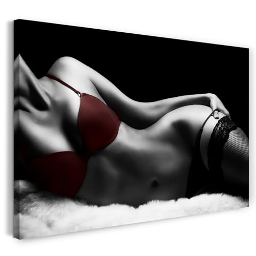 Printistico Impression sur toile (30x20 cm) Femme allongée, lingerie rouge - photographie noir et blanc, cadre en bois véritable avec cintre,