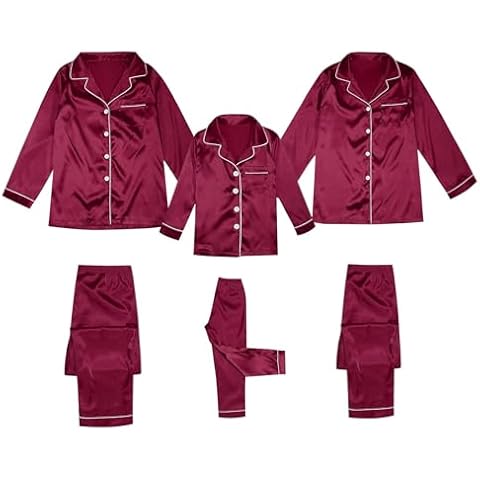 Weazifeur Mommy And Me Silk Pajamas Christmas Family Matching Pajamas Long Sleeve Button Down Pj Set Festival Party Sleepwear With Pocket Silk Pjs For Women Set Wine Cover