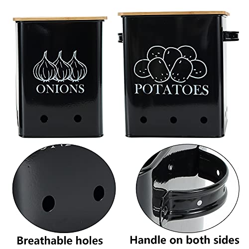 Image of Kitchen Vegetable Storage Tins Set of 2, Onion and Potato Storage Bins with Wooden Lid and Aerating Holes, Garlic Bin Caddy, Vintage Kitchen Decor, Black