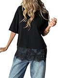 Verdusa Women's Lace Tops Y2k Oversized Tshirts Basic Tees Short Sleeve Summer Outfits Going Out Top Black Small