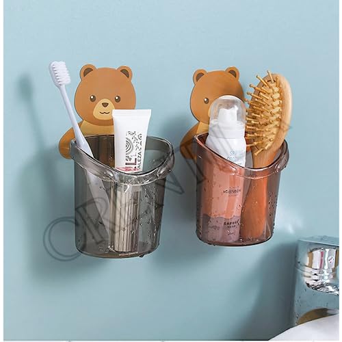 Image of Pack of 1 Toothbrush Holder Plastic Stand for Toothpaste, Comb, Brush, Cream,Razor Holder Lotion Kids Bathroom Cup Drain Waterproof Sturdy Self Adhesive,Teddy Bear - AB3655