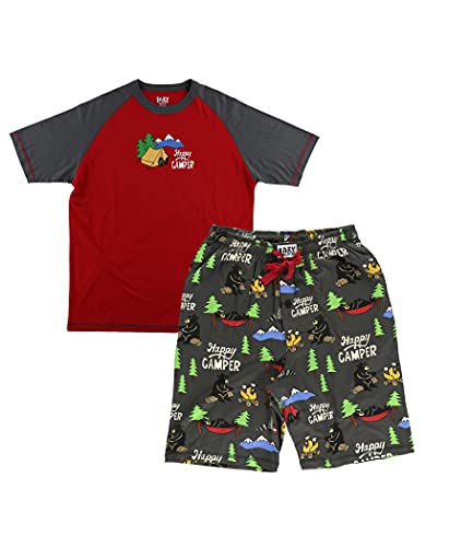 Lazy One Men's Sleep Shorts Set, Matching Sleepwear Shirt And Short Set For Men, Cotton Pajama Shorts And T-Shirt (Happy Camper, Large) #TOP2